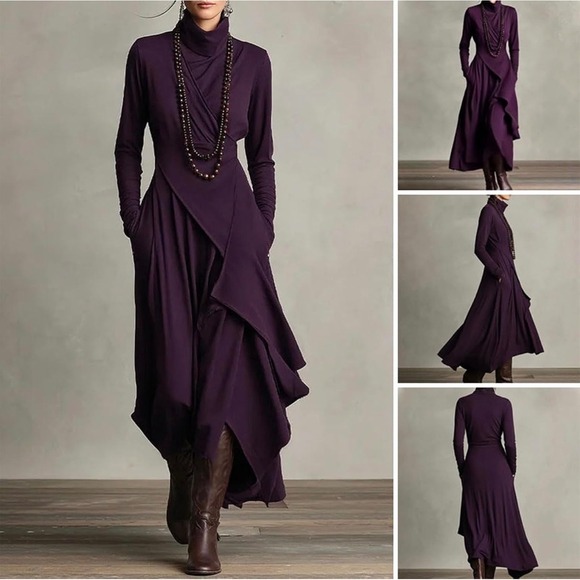 Dresses & Skirts - Womens Long Sleeve High Neck Asymmetrical Wrap Maxi Dress with Pockets Purple